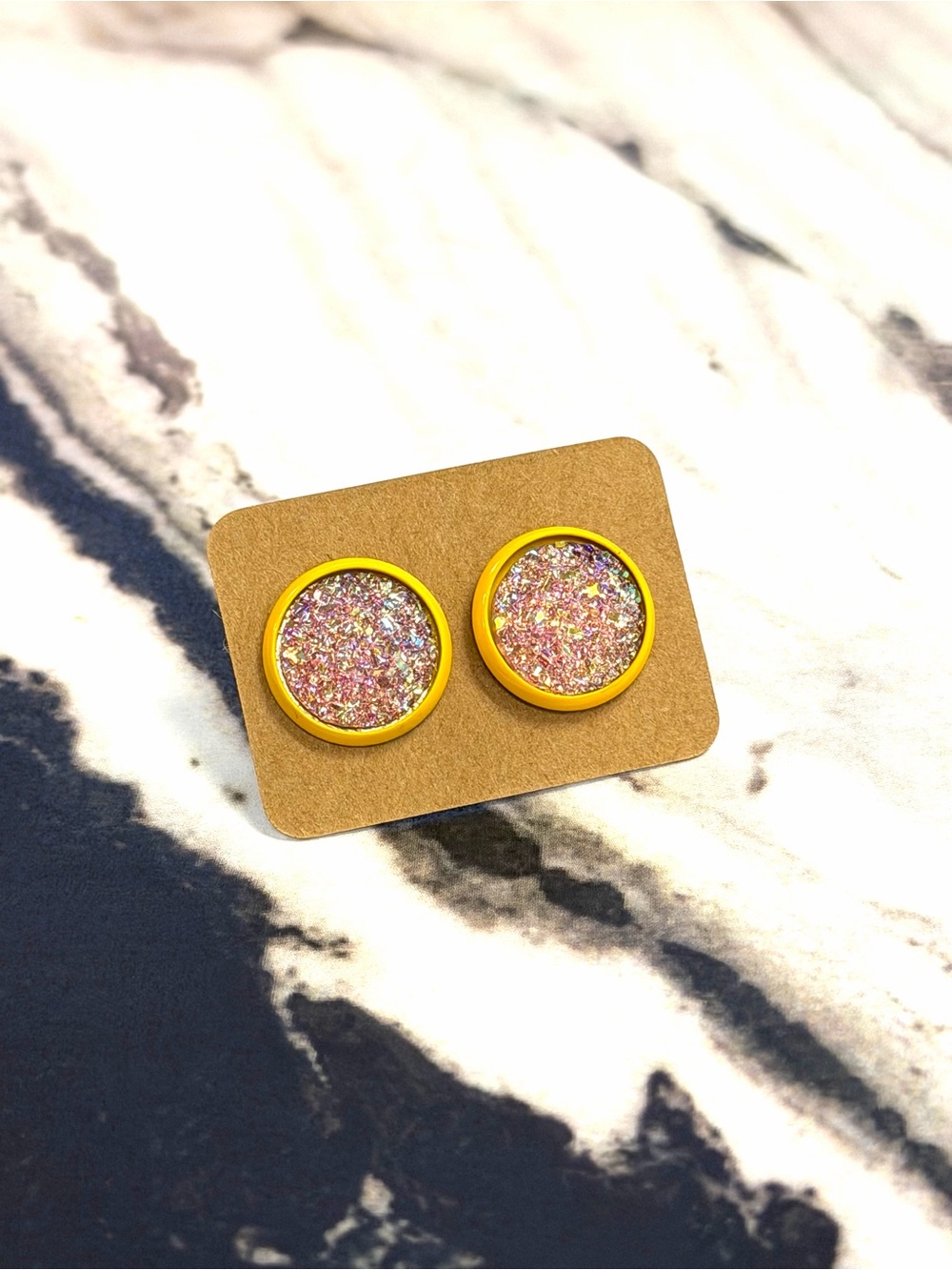 12mm glittery flat pink druzy on yellow trays handmade earrings